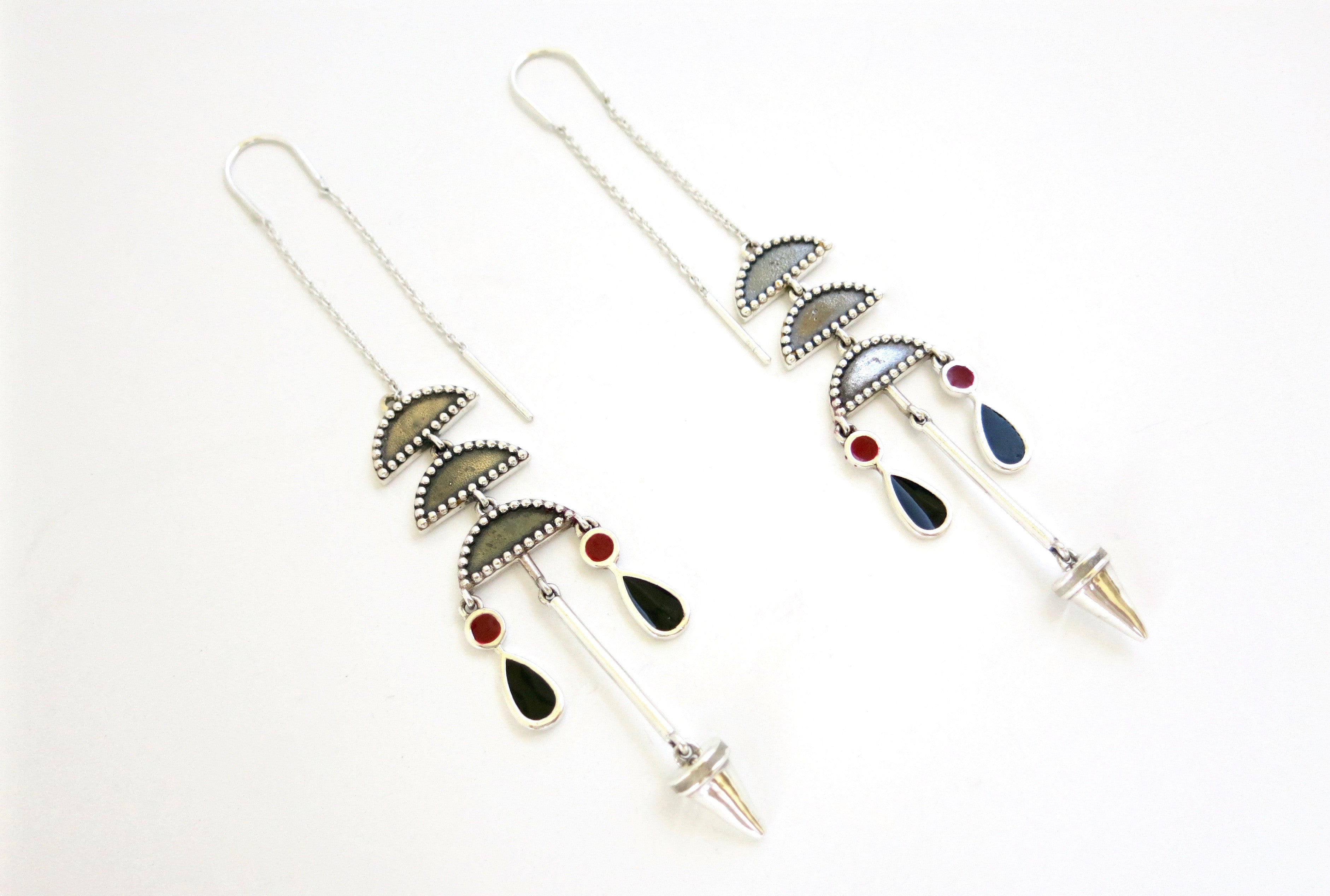 Artistic, chic, long threader earrings with enamel detailing (PB-10264-ER)  Earrings Sterling silver handcrafted jewellery. 925 pure silver jewellery. Handmade in India, fair trade, artisan jewellery. Lai