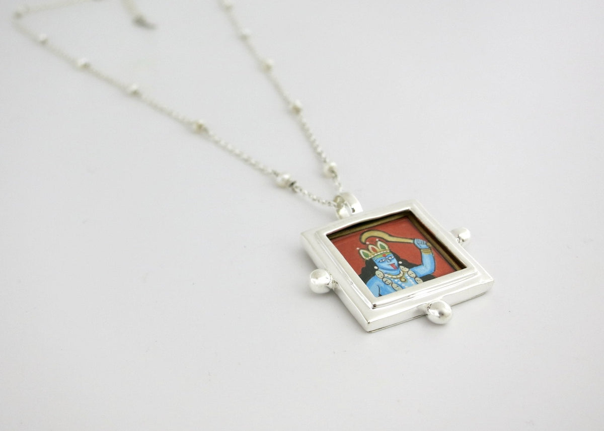 Kali (goddess) miniature painting pendant on a floating pearl chain