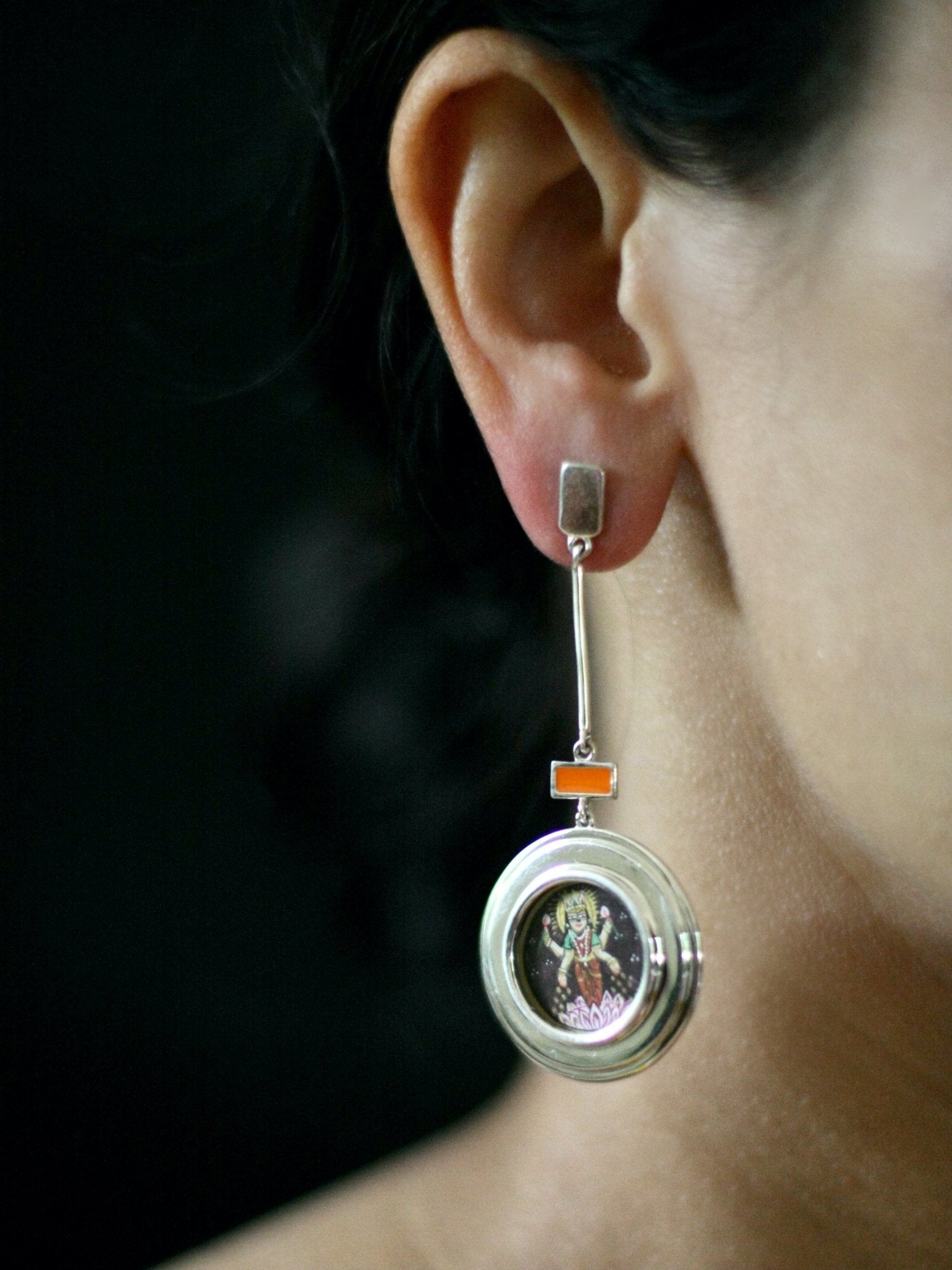 Asymmetrical, long, Lakshmi and Ganesha earrings - Lai