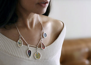 Dramatic, conversation-starting, linked necklace with miniature painting pendants - Lai