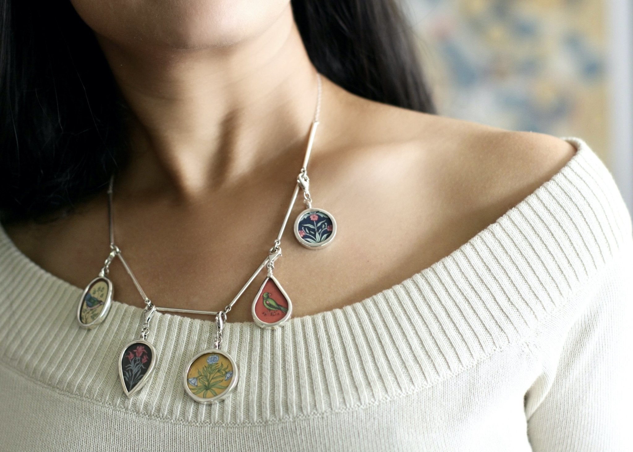 Dramatic, conversation-starting, linked necklace with miniature painting pendants - Lai