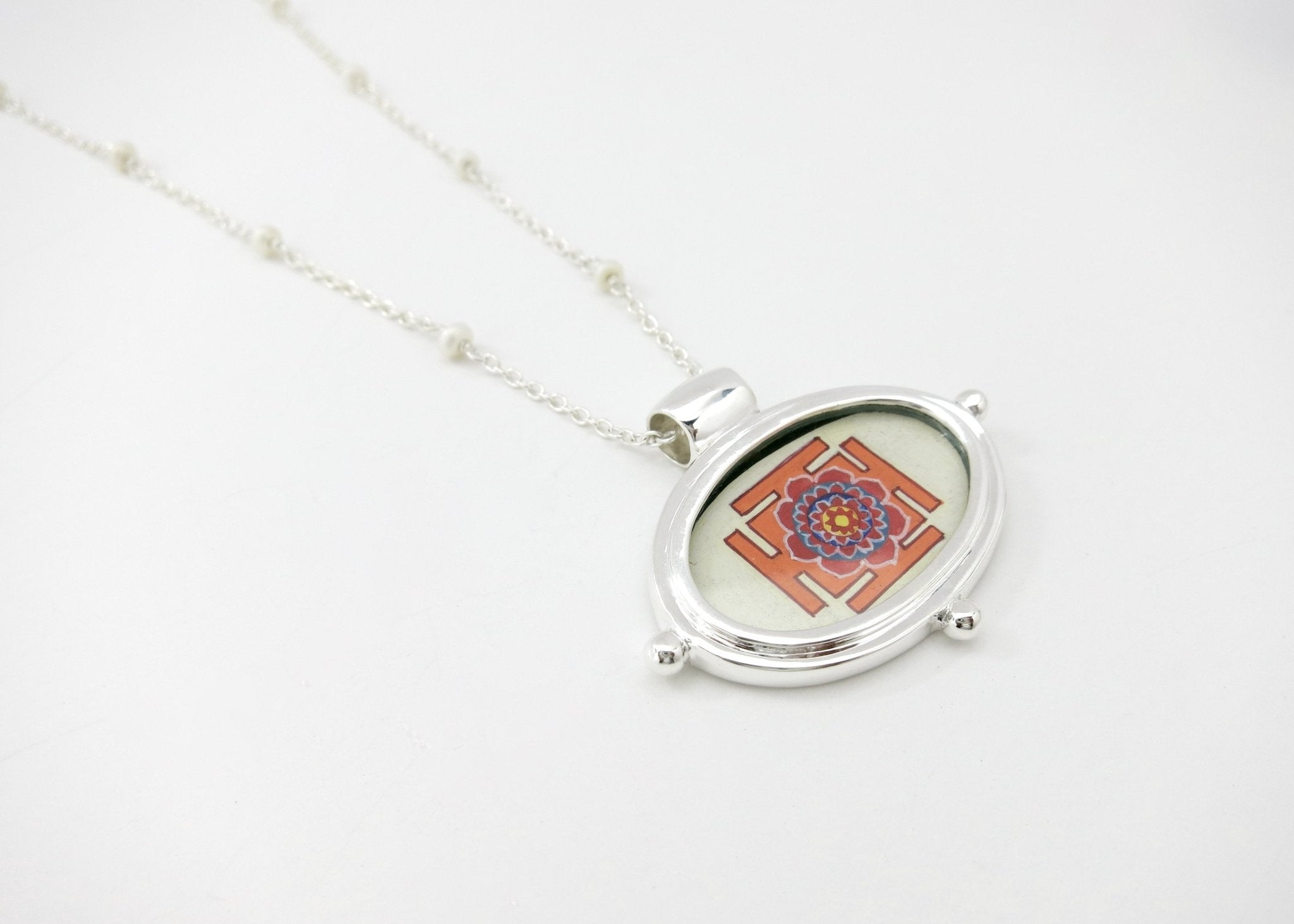 Exquisite, oval Lotus Yantra pendant on a floating pearl chain - Lai