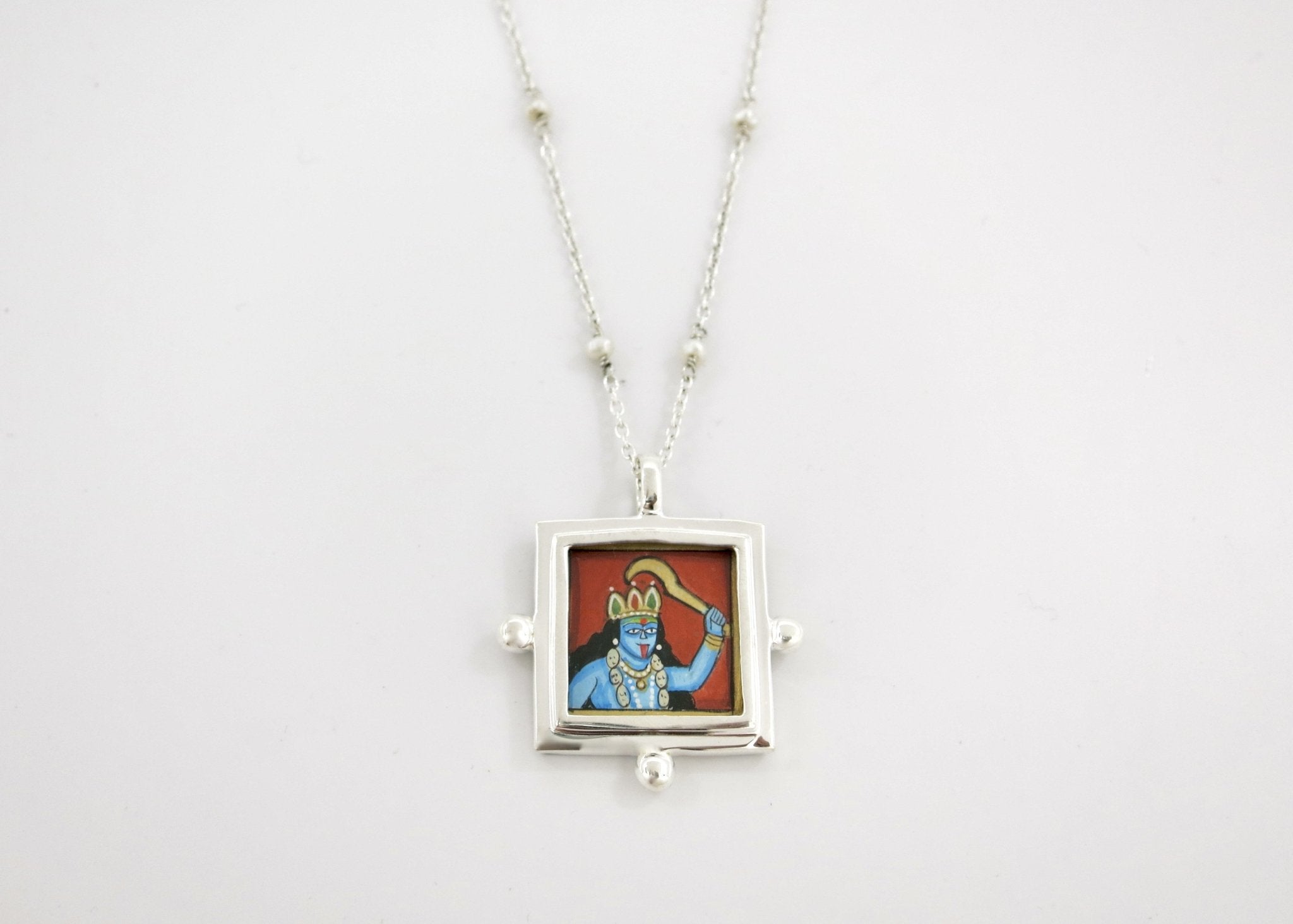 Kali (goddess) miniature painting pendant on a floating pearl chain - Lai