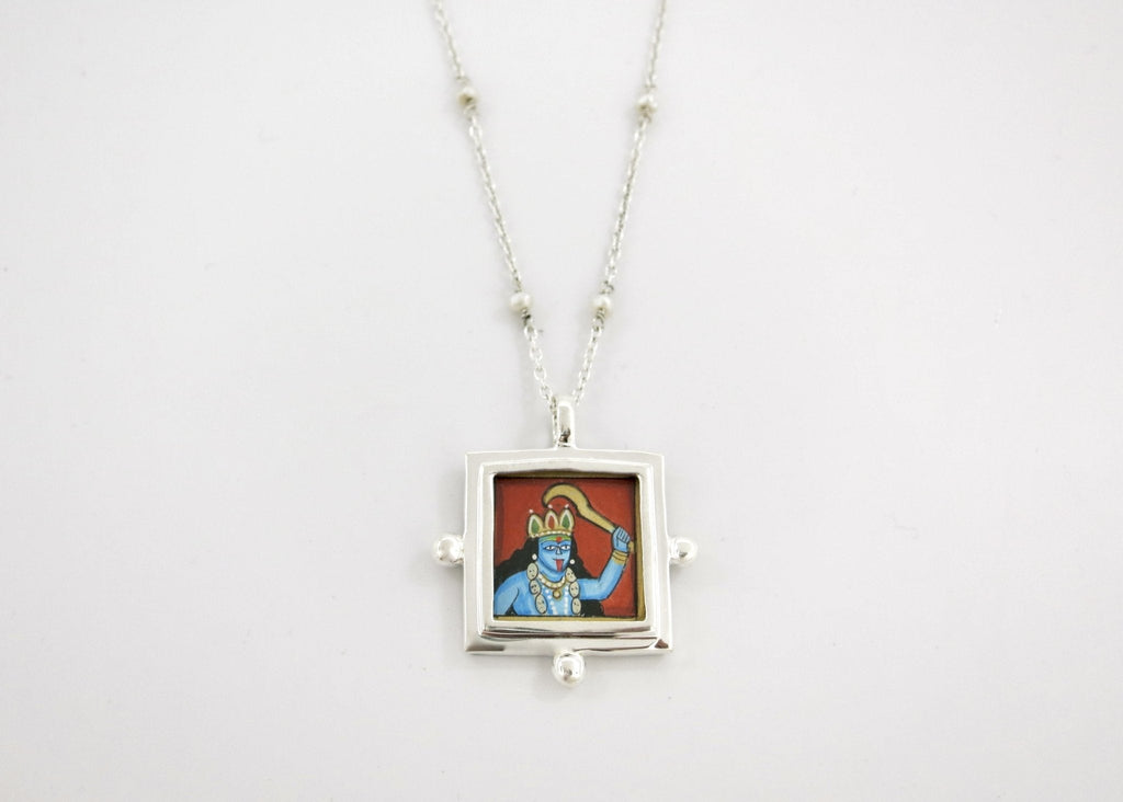 Kali (goddess) miniature painting pendant on a floating pearl chain - Lai