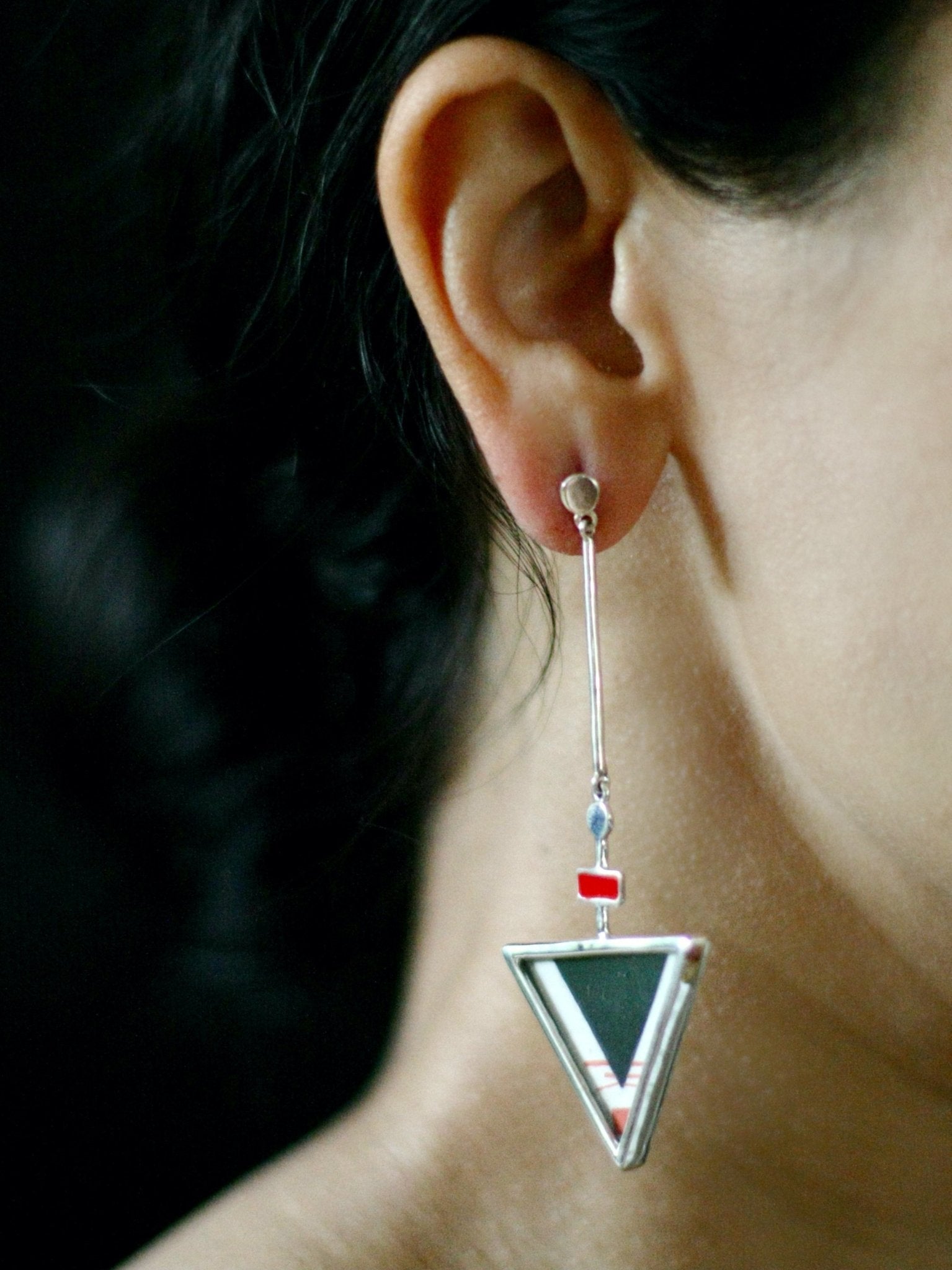 Stunning, asymmetrical, long, Tantric art earrings - Lai