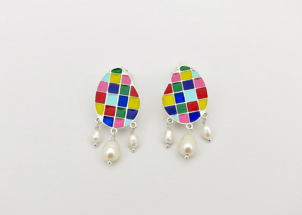 Stunning, colour grid, pearl drop 'varnin' earrings - Lai